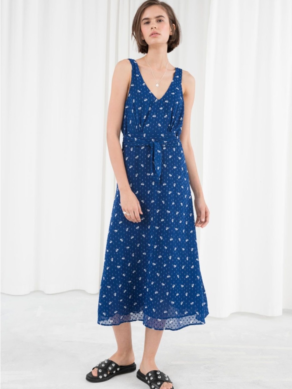 & Other Stories swiss dot sheer sleeves floral embroidered midi dress